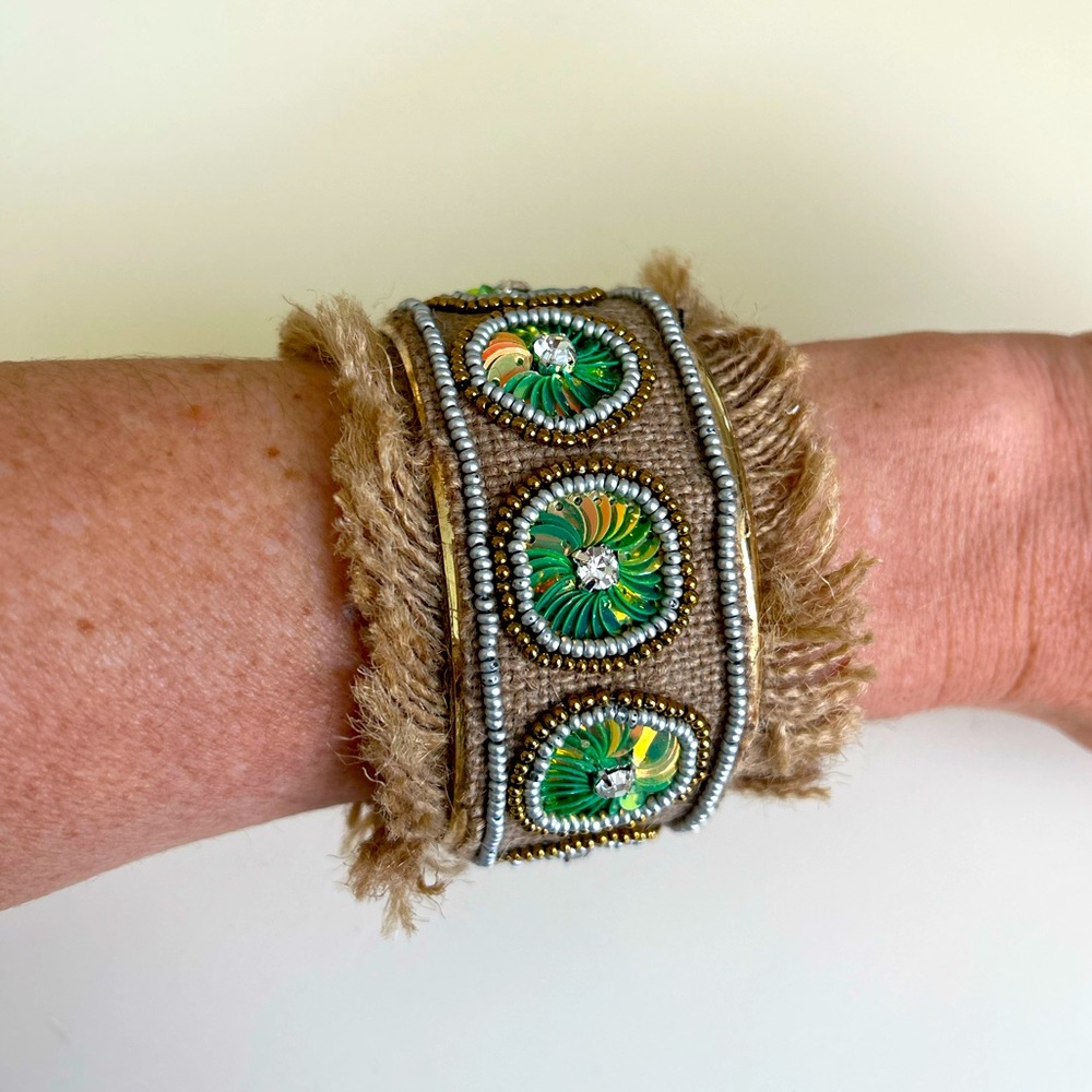 Fringe burlap beaded cuff bracelet  (costume)